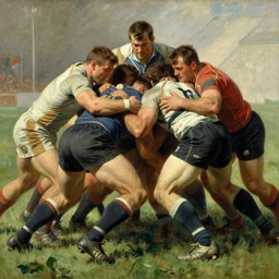 muscular rugby players in a scrum painting by gaston bussiere, craig mullins, j. c. leyendecker, tom of finland