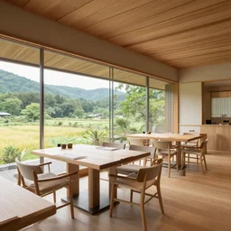 ! dream innovative interior design of a restaurant in rural japan, neutral wooden materials, floor - to - ceiling windows with views of nature, greg rutkowski