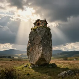 a large single monolith with a hobbit house on top in the middle of a wide open field from a distance with mountains in the background and god rays shining through the coulds on the monolith, epic, cinematic, walton ford, jan van eyck, walton ford, fine details, high contrast
