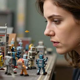 closeup profile face portrait of a detailed miniature diorama of retro toy robots invading a detailed model of a 1 9 5 0 s town, nicoletta ceccoli, mark ryden, lostfish, photography 4 k, f 1. 8 anamorphic, bokeh, 4 k, canon, nikon