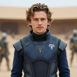 medium face shot of adult Austin Butler dressed in black-prussian blue futuristic-tudoresque clothing with embroidered-Ram-emblem, and nanocarbon-vest, in an arena in Dune 2021, XF IQ4, f/1.4, ISO 200, 1/160s, 8K