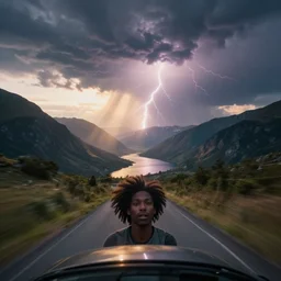 black trans - am driving towards the camera, mountain, valley, breathtaking mountains, lake, dynamic, sunrise, cinematic, motionblur, sunbeams, volumetric lighting, wide shot, low angle, large lightning storm, mindflayer, mindflayer