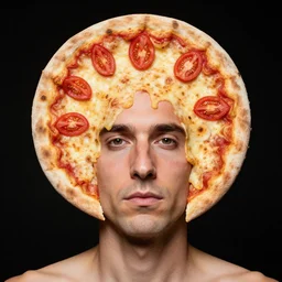 portrait of man with head shaped like a flat and circular disc, looking like a pizza, doughy skin with cheese - like structure, blemishes look like sliced tomatoes, soft lighting, sharp focus, highly symmetrical, black background, masterpiece, case photo by letizia battaglia