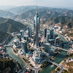 a futuristic city built in the Salmon River Mountains, 4k drone photography