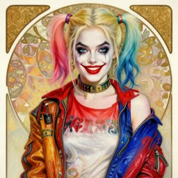 an hyperrealistic hyperdetailed pastel portrait illustration by alphons mucha of hayley williams as harley quinn highly detailed eyes wearing streetwear clown pilot suit lots of zippers, pockets, synthetic materials, jumpsuits by issey miyake and balenciaga 8 k
