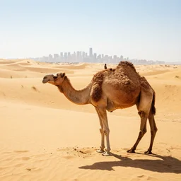 a camel in a brilliantly sunlit desert with a city skyline visible in the distance