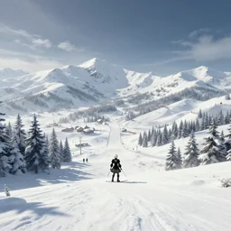 Screenshot from Nier Automata, beautiful landscape at a ski resort