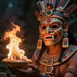 an aztec monk with a monster mask is holding mushrooms in one hand, fire as the light source, close-up photography, dramatic scene
