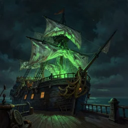 on the deck of a ghost pirate ship looking up at the crows nest. nighttime. neon green plasma glow. oil painting by james gurney, trending on artstation unreal engine 3 d shading shadow depth, detailed matte painting, sinister by greg rutkowski