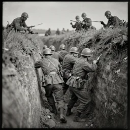 soldiers fighting inside of a deep trench, low - angle shot, cinematic, tintype photograph