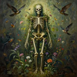 'Life from death' A beautiful detailed aesthetic horror full body portrait painting depicting 'A complete skeleton with plants and flowers growing all over it, birds and insects flying all around it' by Odilon Redon and giuseppe arcimboldo, Trending on cgsociety artstation, 8k, masterpiece, cinematic lighting.