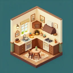 isometric indoor vintage kitchen in a cubic room with victorian pictures on walls