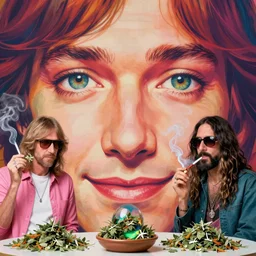 award winning photo of pink floyd and frank zappa tripping on lsd and smoking weed, vivid colors, happy, symmetrical face, beautiful eyes, studio lighting, wide shot art by Sally Mann & Arnold Newman