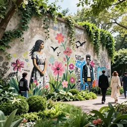 Springtime, walls by john berkey, covered in graphitti of a spring bloom  goddess by banksy, basquiat, cleon peterson, dramatic cinematic lighting, manicured solarpunk greenery, high fashion futuristic people walk past