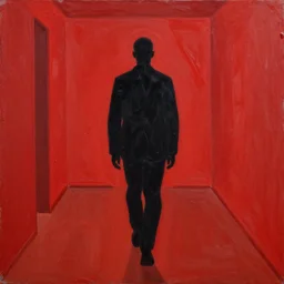 painting of a black human silhouette walking towards the camera in a room that's completely red, painted by jeremy mann and anders zorn, 8 k, high quality