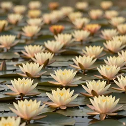 lily Pads filled with millions of Lotus flowers in the golden hour, close up, DOF, 8k, artstation,