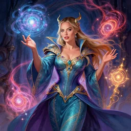 margot robbie as a strong fantasy magician who does magic, colorful spells, fantasy art, in the style of Fernando Juarez, illustration, epic art, fantasy, intricate, elgant, amazing detail, digital painting, artstation, concept art, smooth, sharp focus