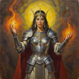 portrait of a female shaman goddess knight, summoning, oil on canvas, by jeffrey catherine jones and enki bilal