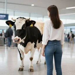 dairy cow with woman body at the airport