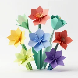 origami flowers in multi colored paper, 3 d render, ultra detailed, on white background, studio shot