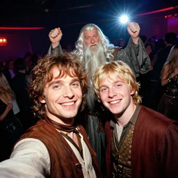 nightclub selfie of frodo and pippin smiling, gandalf behind them dancing, bright flash, high saturation, vivid colors, wide - angle lens, tolkien, 4 k