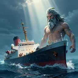 a ship sinking in the ocean with poseidon watching, concept art, moddy, god rays, atmosphereic, 8 k render