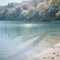 “ ethereal, dreamland, a forest growing on water surface, background of flowery hill, bokeh, beautiful shadows, soft, dreamy, beach sand viable in corner. ”