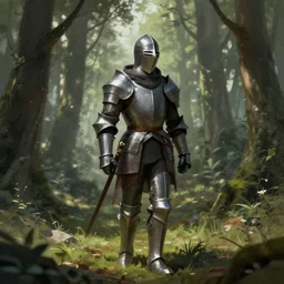 a digital concept art of a knight wandering in a forest