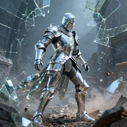 armored knight, made of crystal, broken mirrors, holographic light, cinematic lighting, battle scene, 8 k, vray render, dirty, defeat, photography style of tim hetherington