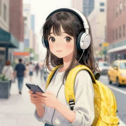 cute Chinese girl with headphones and a yellow backpack in NYC, highly detailed watercolor painting
