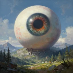 a high - fantasy detailed painting of a giant eyeball in the sky in a mountain scape