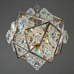 geometric mathematical shaped metal sculpture with ornate crystal glass elements reflecting rainbows into iridescent patterns chandelier, style of jack storms, octane render, 4 k, intricate, detailed, 3 d
