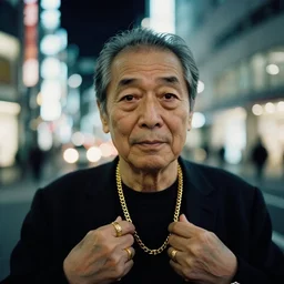 portrait, old man in tokyo at night, wearing gold chain, gold rings, cinestill 8 0 0,
