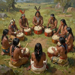 a painting of indigenous people sitting in circle and playing shamanic drums , matte painting, highly detailed, fantasy art