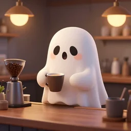 matte painting of a cute ghost working as a barista. by greg rutkowski. trending on artstation. hd, 8 k, highly detailed, good lighting, beautiful, cute