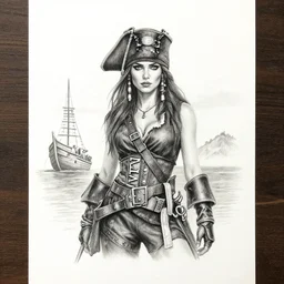 A beautiful female warrior pirate ship deserted island faded background, realism pencil drawing on white paper, bald lines