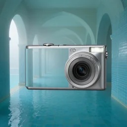 Beautiful Fuzzy wide-eye-lens 15mm, harsh flash, cameraphone 2002, Photograph of an tiled infinite foggy liminal pool hallway with archways and water on the floor