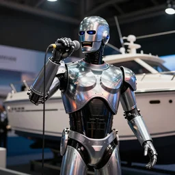 robocop singing into a microphone at a local boat show expo