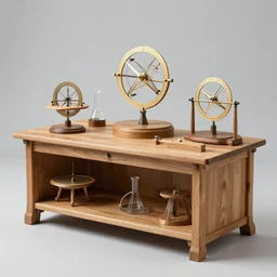 realistic photo of a a medieval wooden electronic astronomic archeology scientific chemistry ornithology equipment made of oak wood, with white fluffy fur, brass handles by dieter rams 1 9 9 0, life magazine reportage photo, natural colors