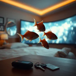 3 d fishes popping out of curved movie screen floating in bedroom, volumetric lighting, sleeping, pair of keycards on table, bokeh, creterion collection, shot on 7 0 mm, instax
