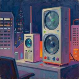 urban retro technology, 9 0 s colors and shapes, wayne barlow, oil on canvas, deep depth of field, masterpiece, cinematic composition, hyperdetailed