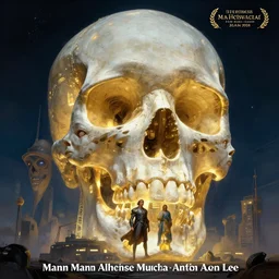 hyperrealist matte painting of an enormous glowing futuristic building shaped like a skull at night by jeremy mann and alphonse mucha and alan lee, fantasy art, photo realistic, dynamic lighting, artstation, poster, volumetric lighting, very detailed faces, award winning
