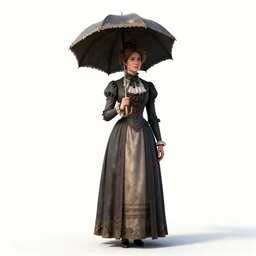 weathered victorian lady with parasol, detailed 3d character render, full body, standing, isolated on a pure white background, centered, whole figure in frame, sharp focus, studio lighting