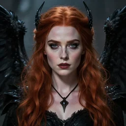 beautiful female mage with red hair, keira knightley, black clothing, dark feathered wings, intricate, highly detailed face, trending on artstation, dramatic lighting, hyperrealistic, fantasy, portrait, highly detailed, headshot, digital painting, trending on artstation, concept art, sharp focus, illustration