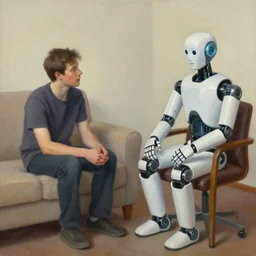 oil painting of a person on a couch, talking to an humanoid android robot therapist who is sitting in a nearby chair.