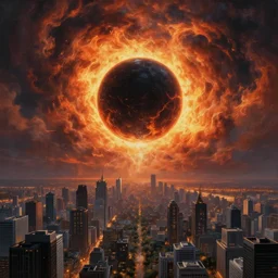 a black glowing sphere in the center of the sky surrounded by swirling firestorm clouds, a detailed wide cityscape modern, wide perspective, highly detailed digital art, cinematic, hyper realism, oil on canvas, trending on Artstation, octane render