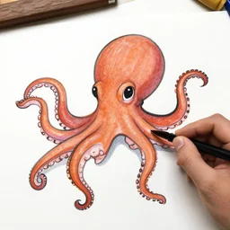 a cute octupus drawing a picture using its tentacles