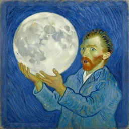 oil on canvas of man holding the big moon, surprise, happy, detailed, by vincent van gogh