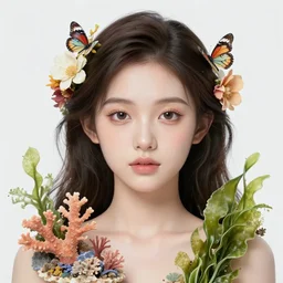 hyperrealistic detailed portrait of a girl, with flowers, butterflies, corals, sea kelp, sea plants, starfish, jellyfish, bacteria, skulls, golden filigree, art by ernst haeckel, john william godward, hammershøi, alphons mucha, pontormo, ornamental, decorative, art nouveau pattern, lights by hopper, pastel colours,