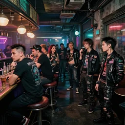 photograph of a retro techwear punk group loitering near the bar of a packed busy rundown nightclub, retrofuturism, brutalism, cyberpunk, sigma 85mm f/1.4,  35mm, tilted frame, long exposure, 4k, high resolution, 4k, 8k, hd, highly detailed, full color